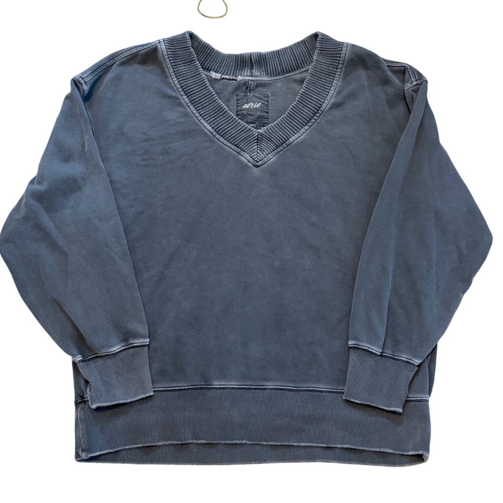Aerie VNeck Oversized Sweatshirt Charcoal Gray Faded French Terry Pullover Small
